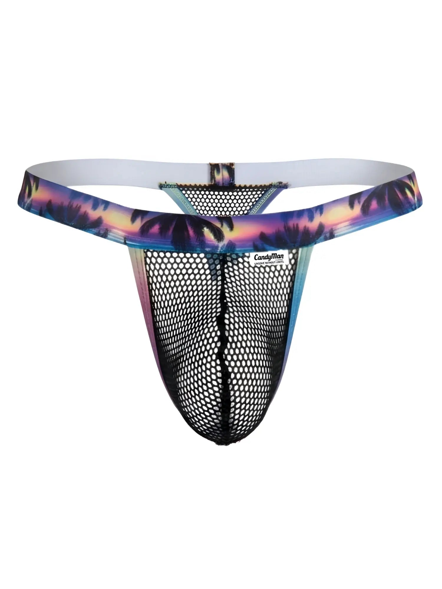 Black mesh CandyMan 99936 thong with a vibrant tropical sunset waistband featuring palm trees in purple pink orange and blue