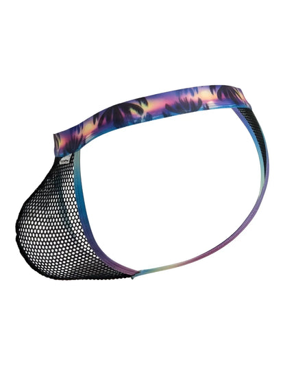 Black mesh briefs thongs with vibrant tropical sunset waistband by candyman 99936 in black color