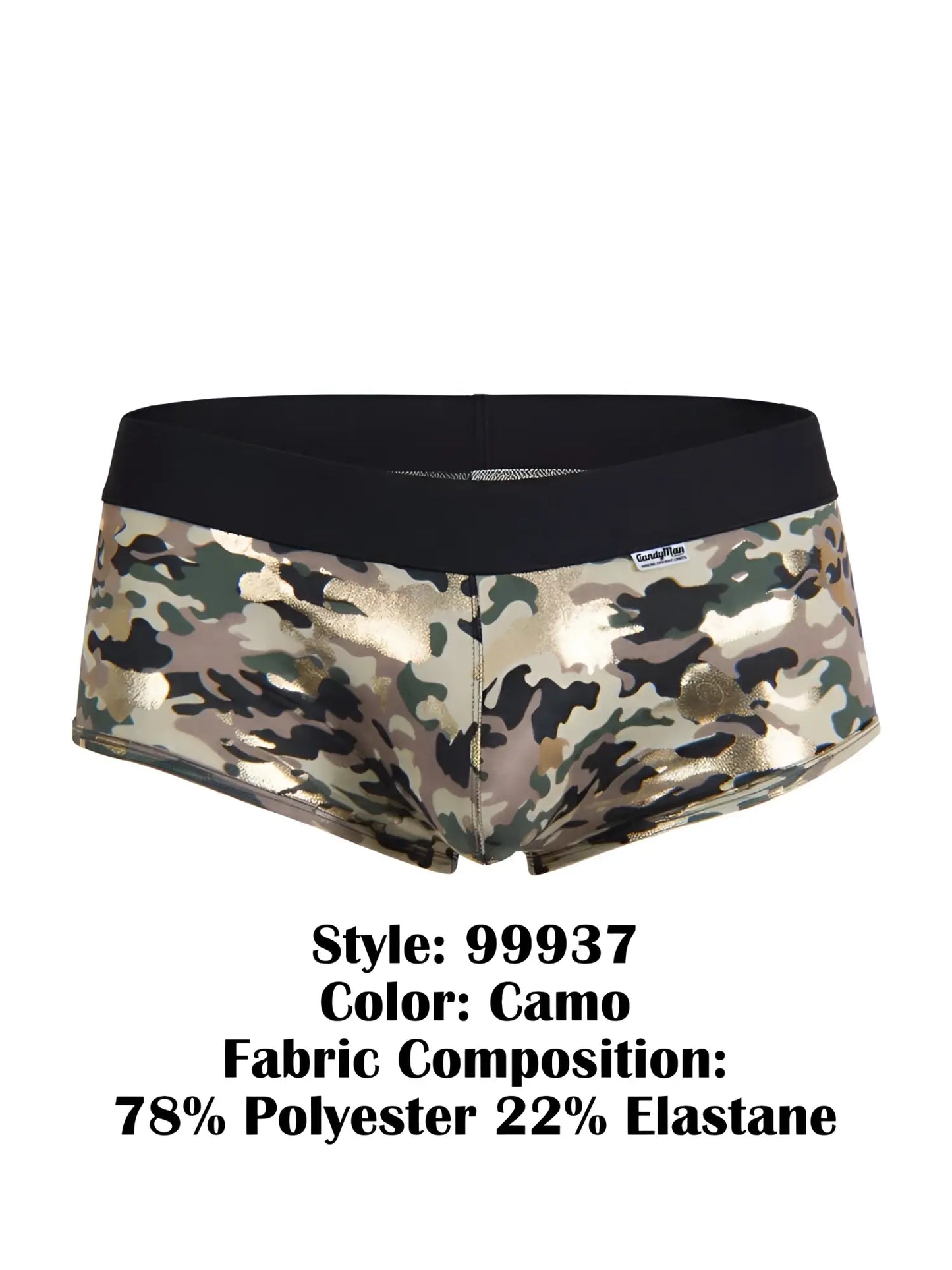 CandyMan 99937 trunks camouflage briefs with black elastic waistband and metallic gold accents front view