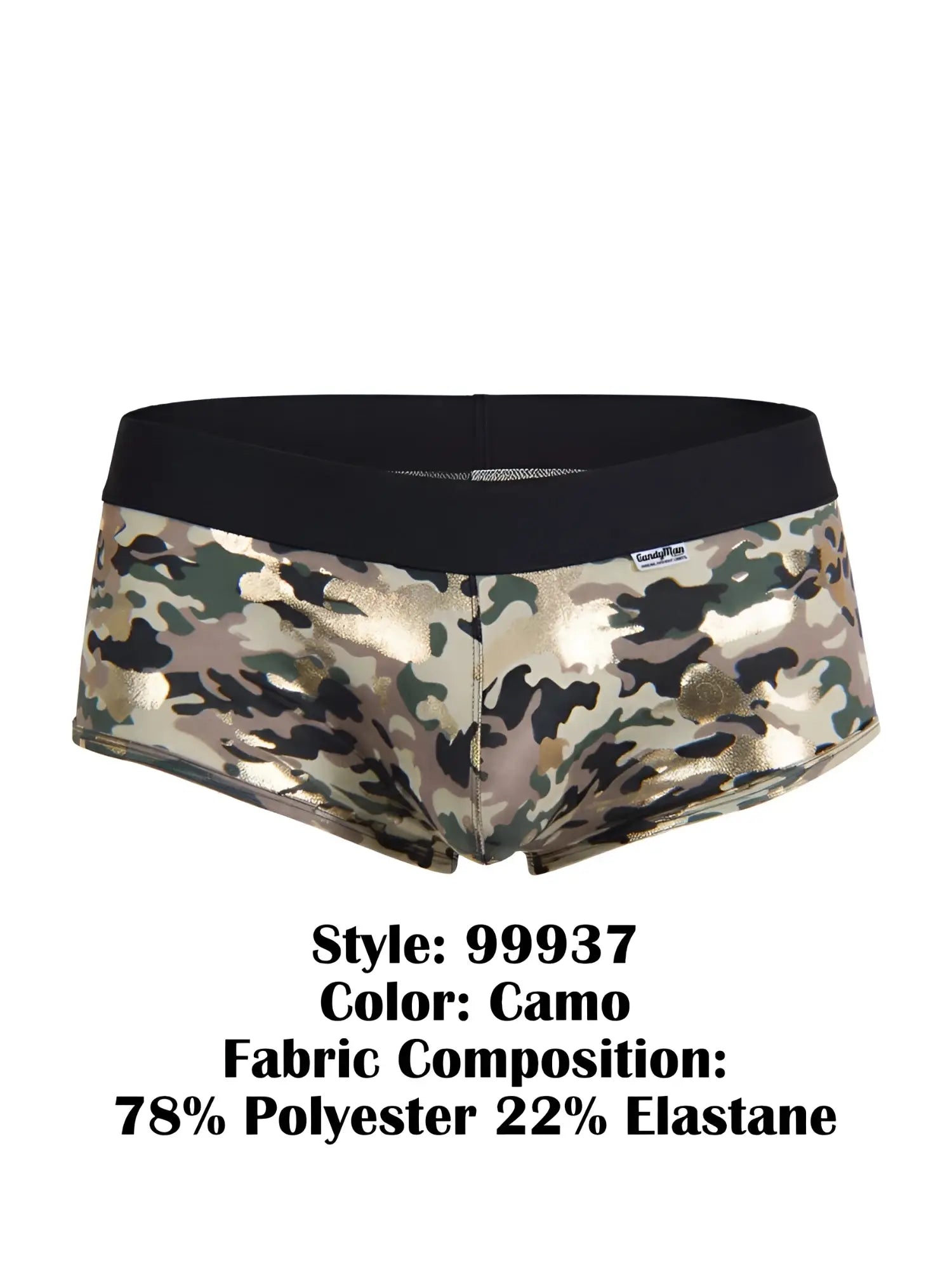 CandyMan 99937 trunks camouflage briefs with black elastic waistband and metallic gold accents front view