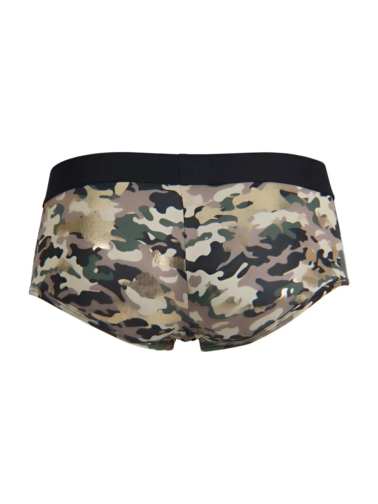 CandyMan 99937 trunks camo camouflage briefs with black waistband and metallic gold accents front view