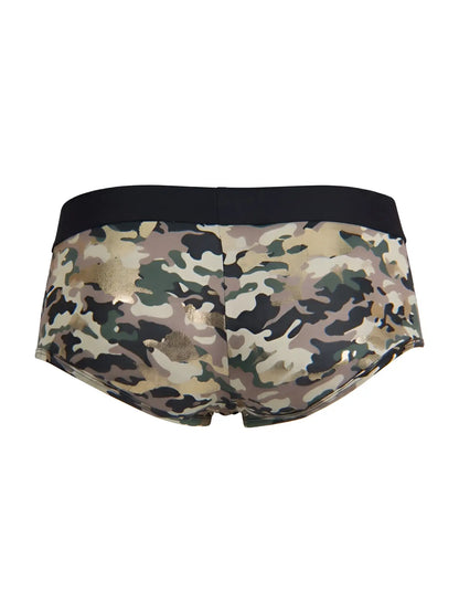 CandyMan 99937 trunks camo camouflage briefs with black waistband and metallic gold accents front view
