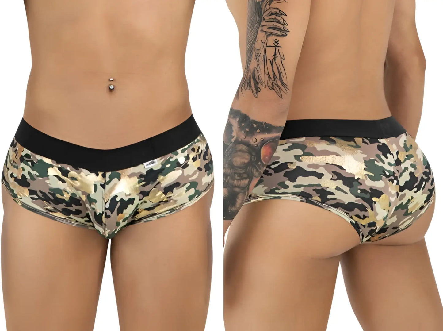 Camouflaged patterned briefs candyMan 99937 trunks with black waistband and metallic gold accents front view