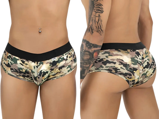 Camouflaged patterned briefs candyMan 99937 trunks with black waistband and metallic gold accents front view