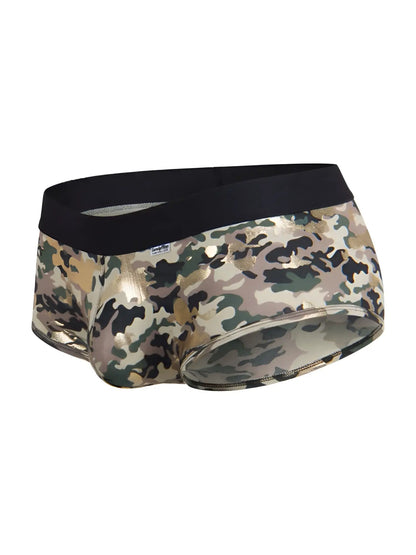 CandyMan 99937 trunks color camo men’s briefs in camouflage pattern with black waistband and metallic gold accents