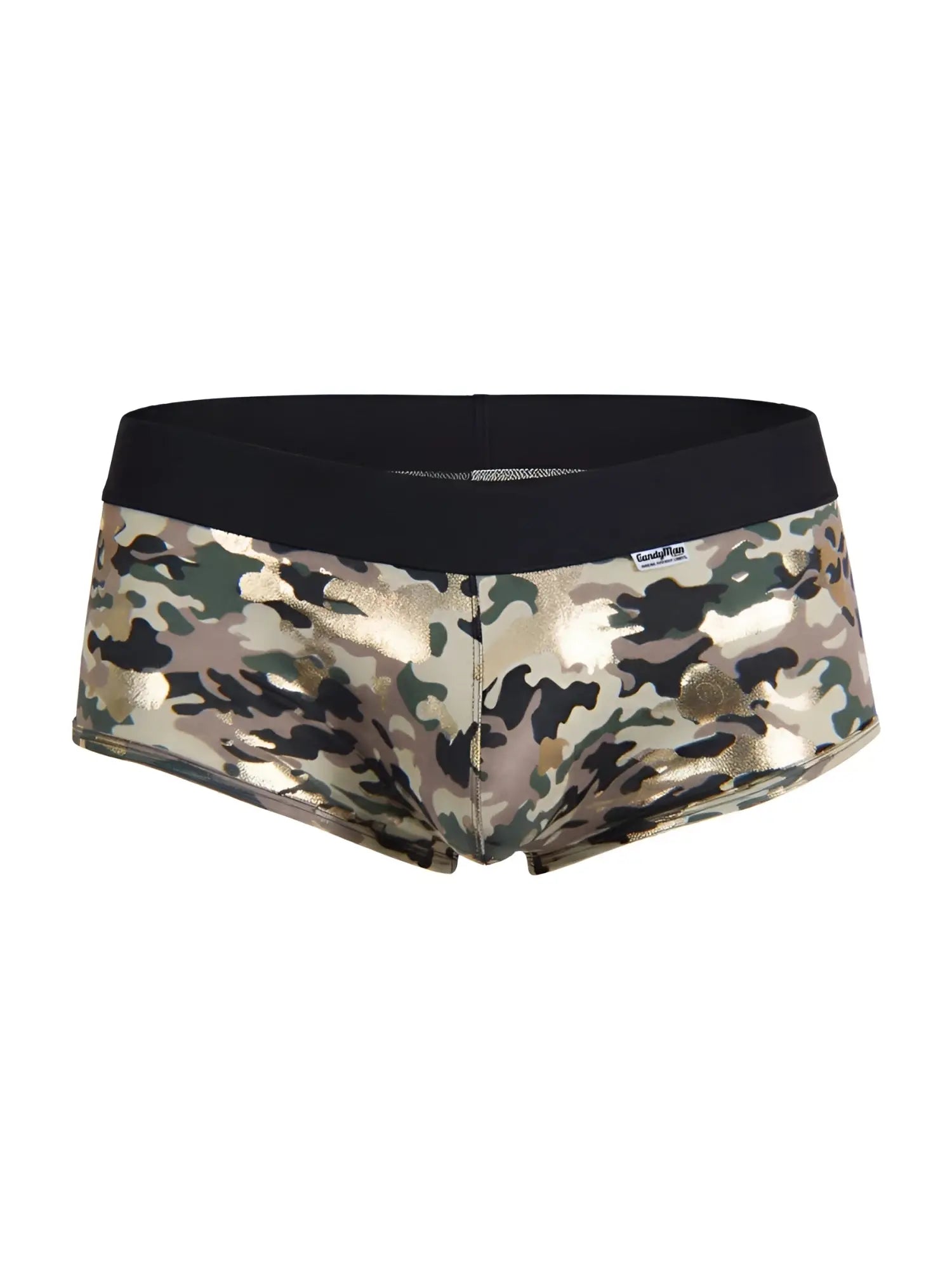 Metallic camouflage-patterned briefs with black elastic waistband candy man 99937 trunks color camo front view