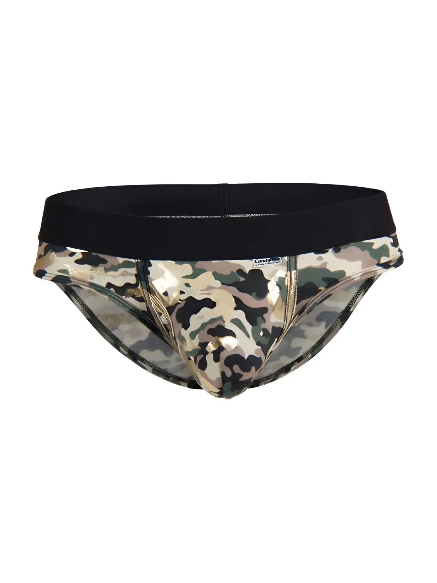 Candyman 99938 briefs camouflage patterned men’s briefs with black elastic waistband and metallic gold accents