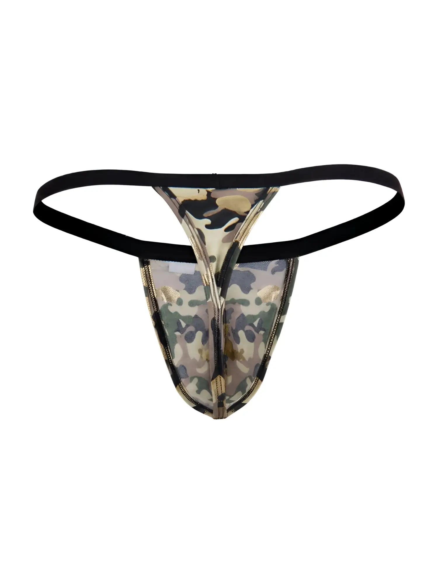 CandyMan 99939 thong in camouflage pattern with black elastic waistband and metallic zipper detail front view