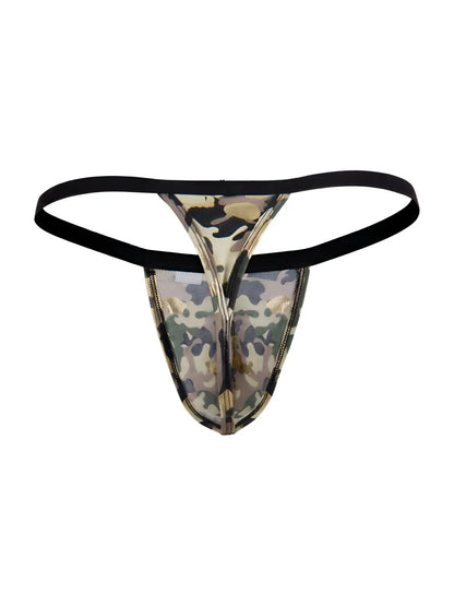 CandyMan 99939 thong in camouflage pattern with black elastic waistband and metallic zipper detail front view