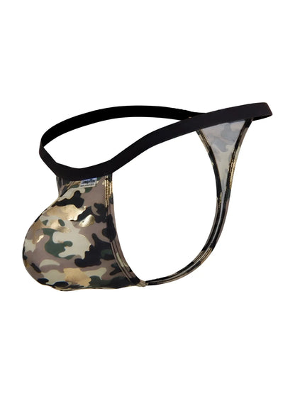 CandyMan 99939 camouflage thong with black elastic waistband and gold zipper detail showing back side view