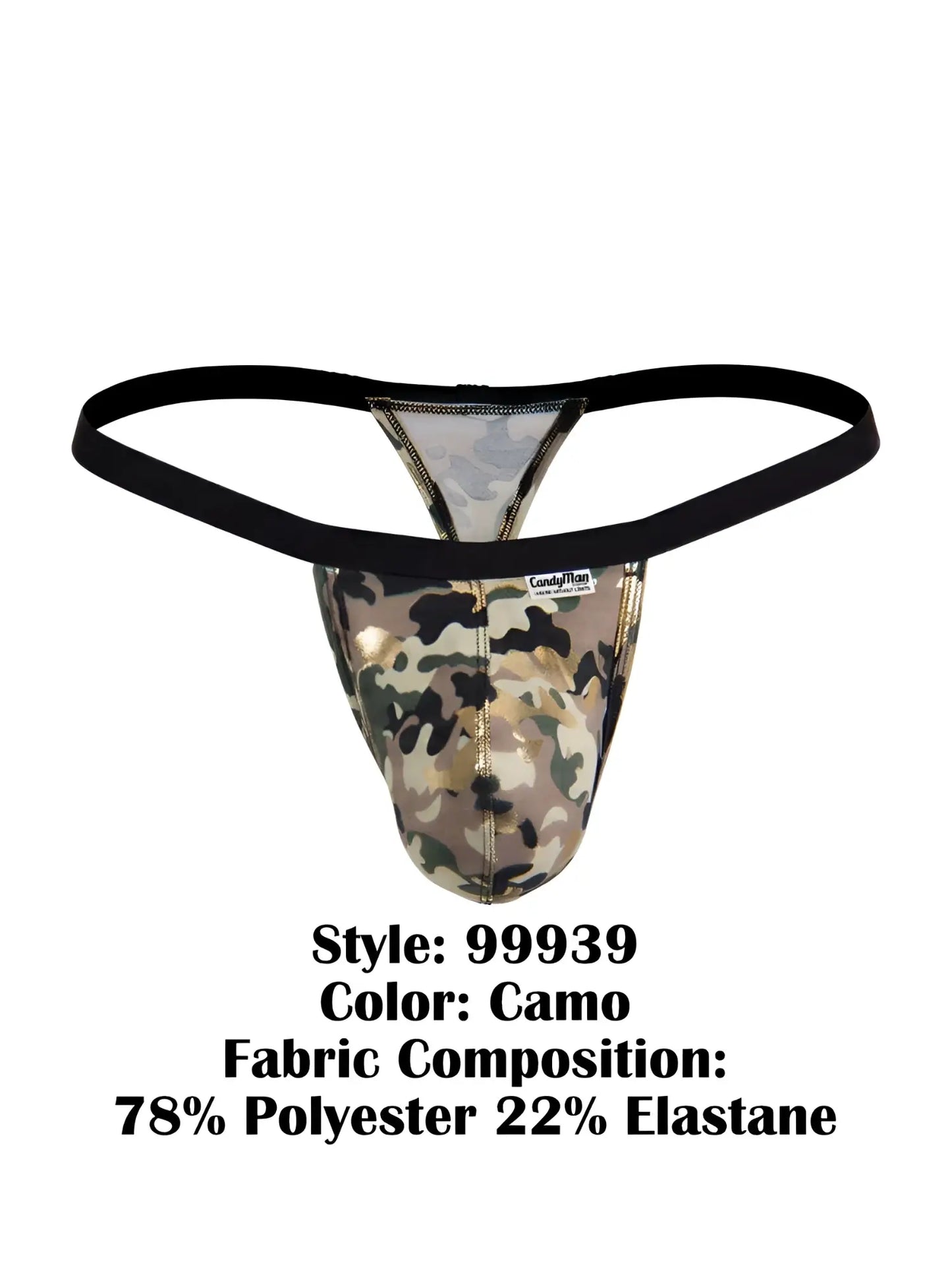 CandyMan 99939 thong in camo pattern with black elastic waistband and metallic sheen made of polyester and elastane