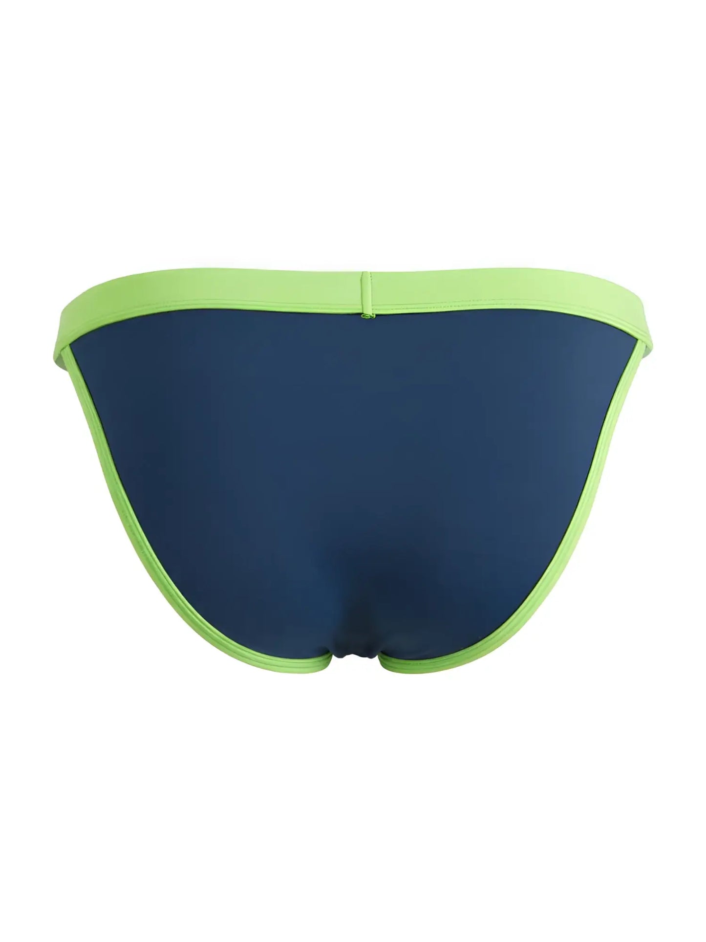 Navy blue CandyMan bikini briefs featuring a lime green waistband and matching trim along the leg openings.