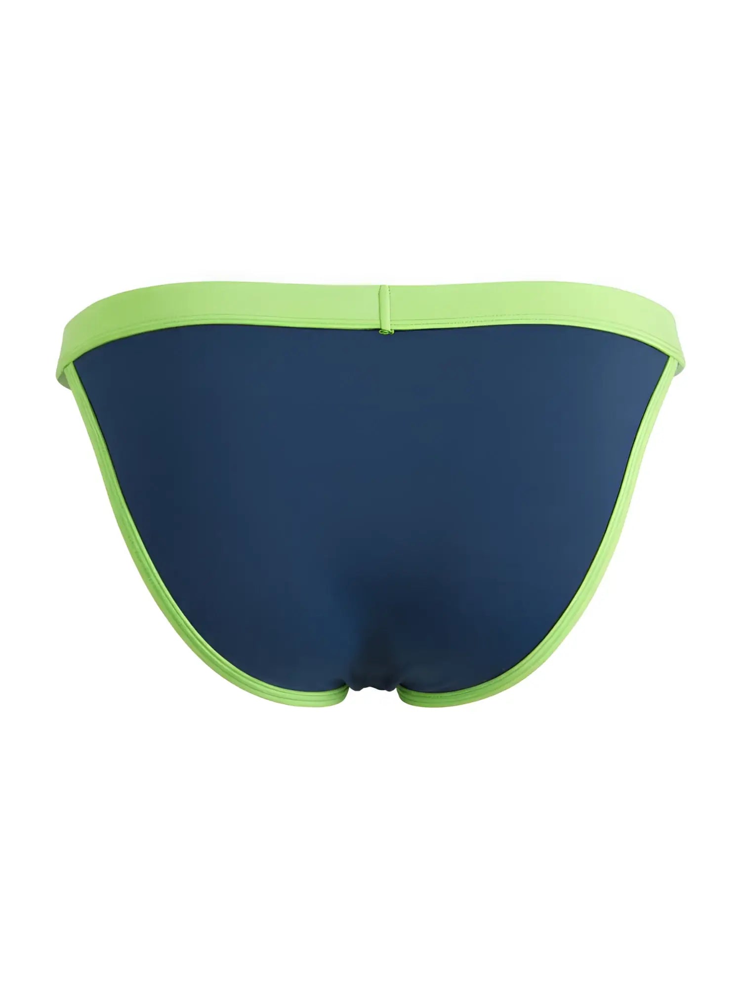 Navy blue CandyMan bikini briefs featuring a lime green waistband and matching trim along the leg openings.