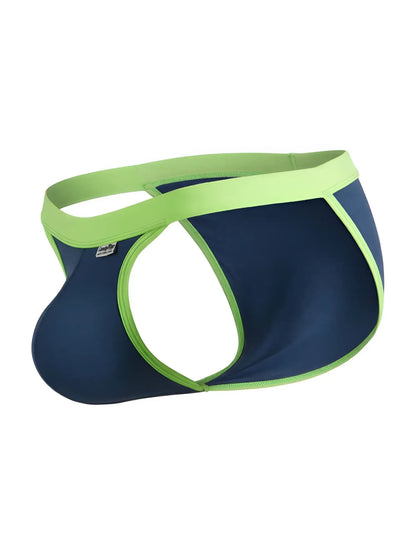 CandyMan 99941 navy bikini with lime green trim, featuring a cutout side design and a pouch.