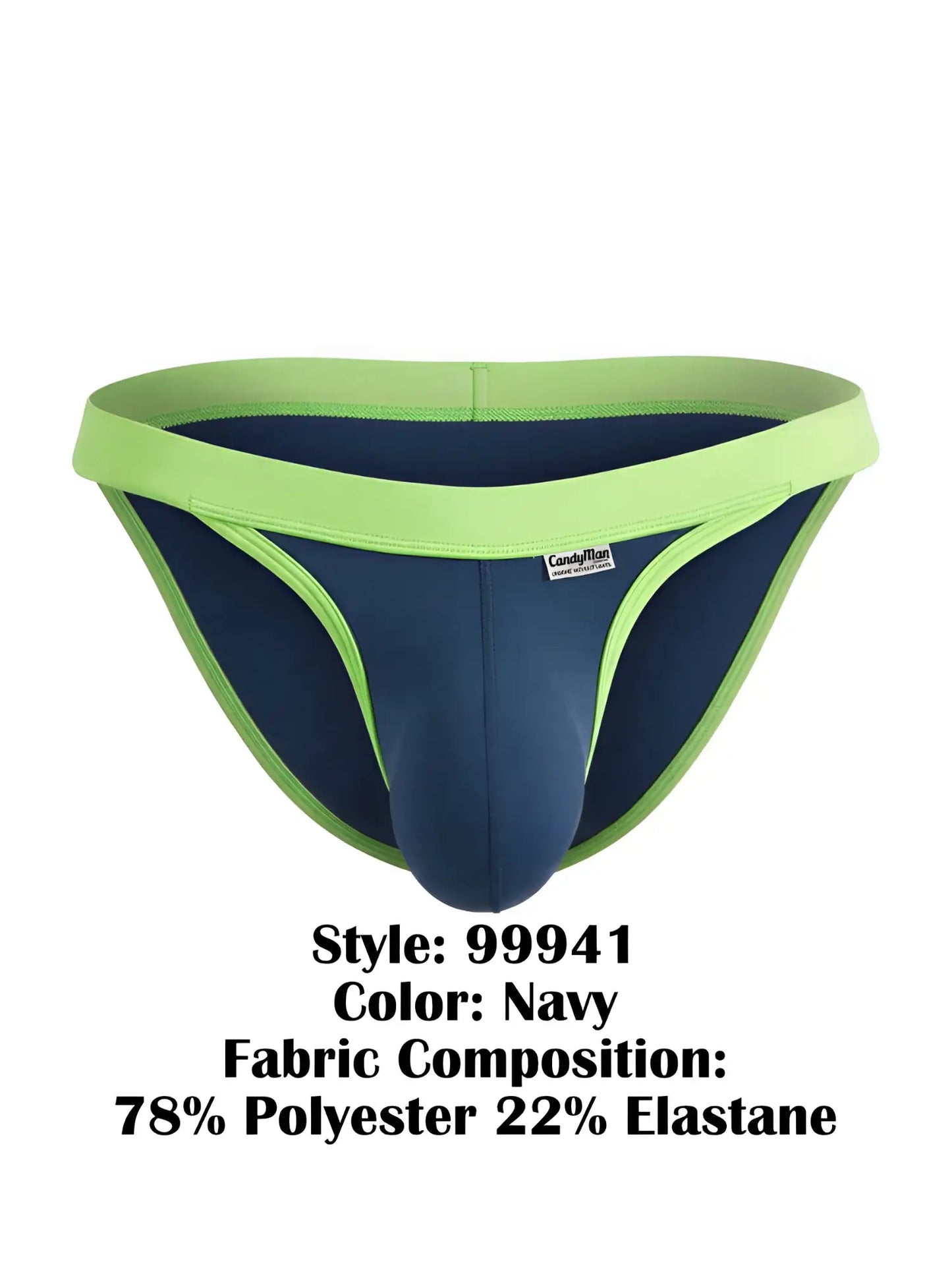 CandyMan 99941 navy bikini with bright lime green contrast trim and waistband, featuring a center front logo tag.