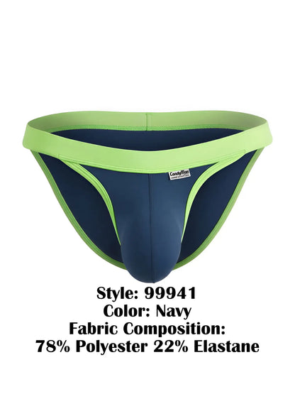 CandyMan 99941 navy bikini with bright lime green contrast trim and waistband, featuring a center front logo tag.