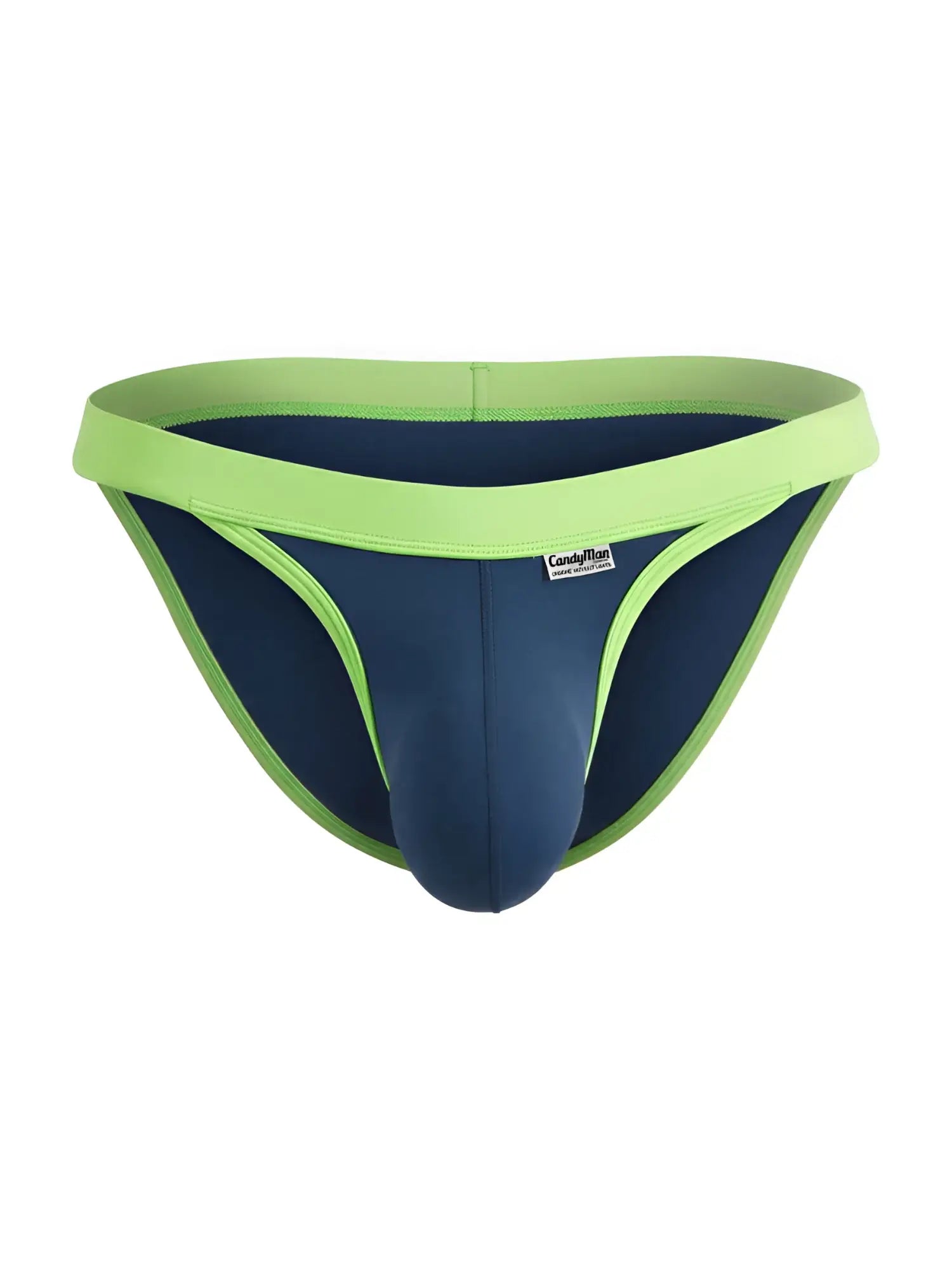 CandyMan navy bikini briefs with bright lime green contrast trim and waistband, featuring a contoured front pouch.