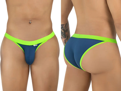 CandyMan 99941 navy bikini with bright lime green trim and elastic waistband, shown from front and back views.