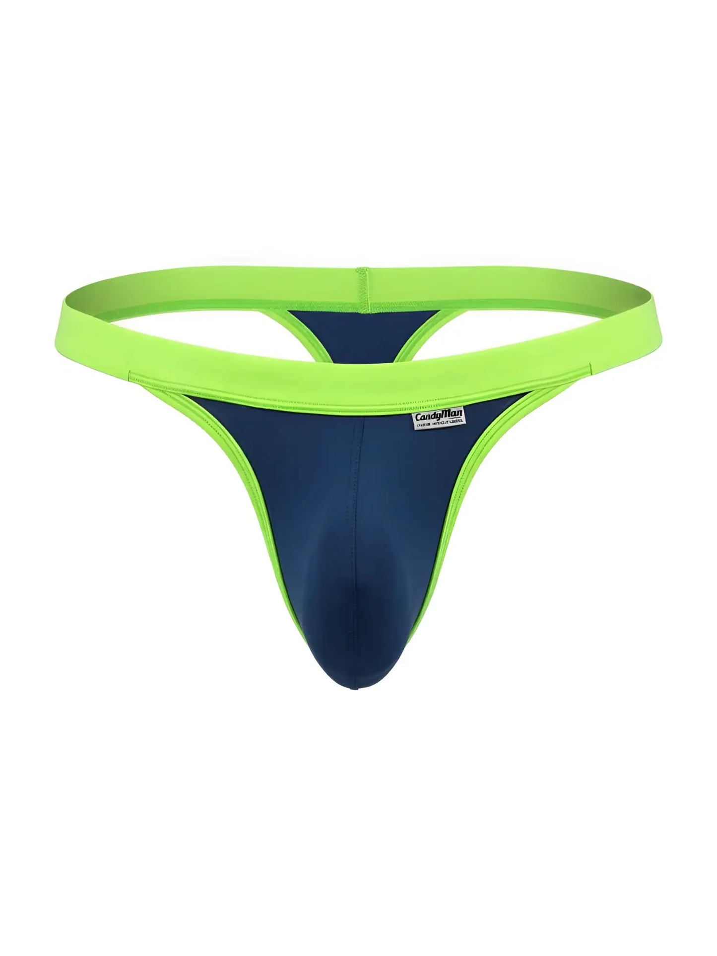 CandyMan navy blue thong with a lime green elastic waistband and trim, featuring a contoured pouch and logo label.