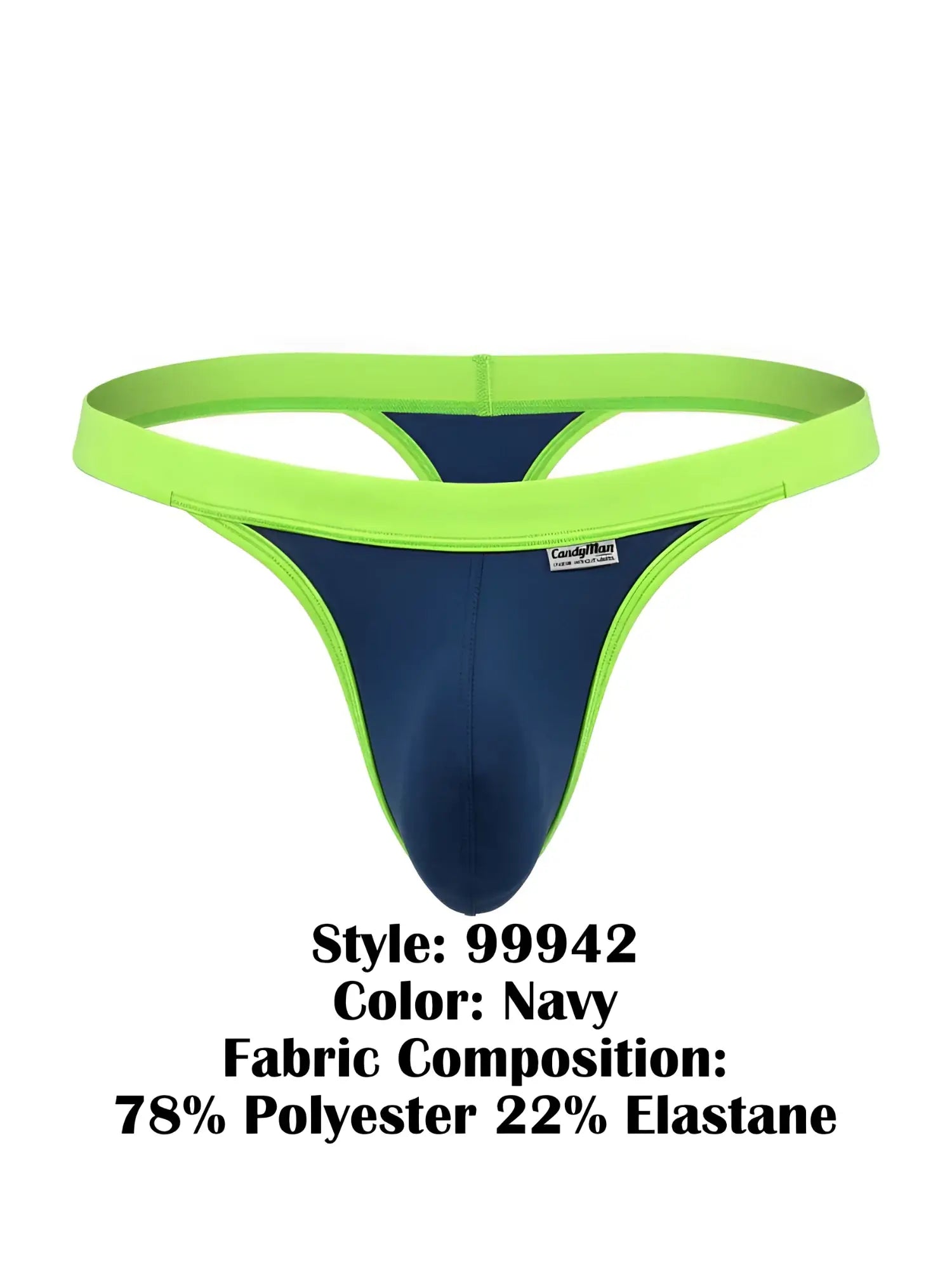 CandyMan 99942 navy thong with a lime green elastic waistband and trim, featuring a contoured front pouch.