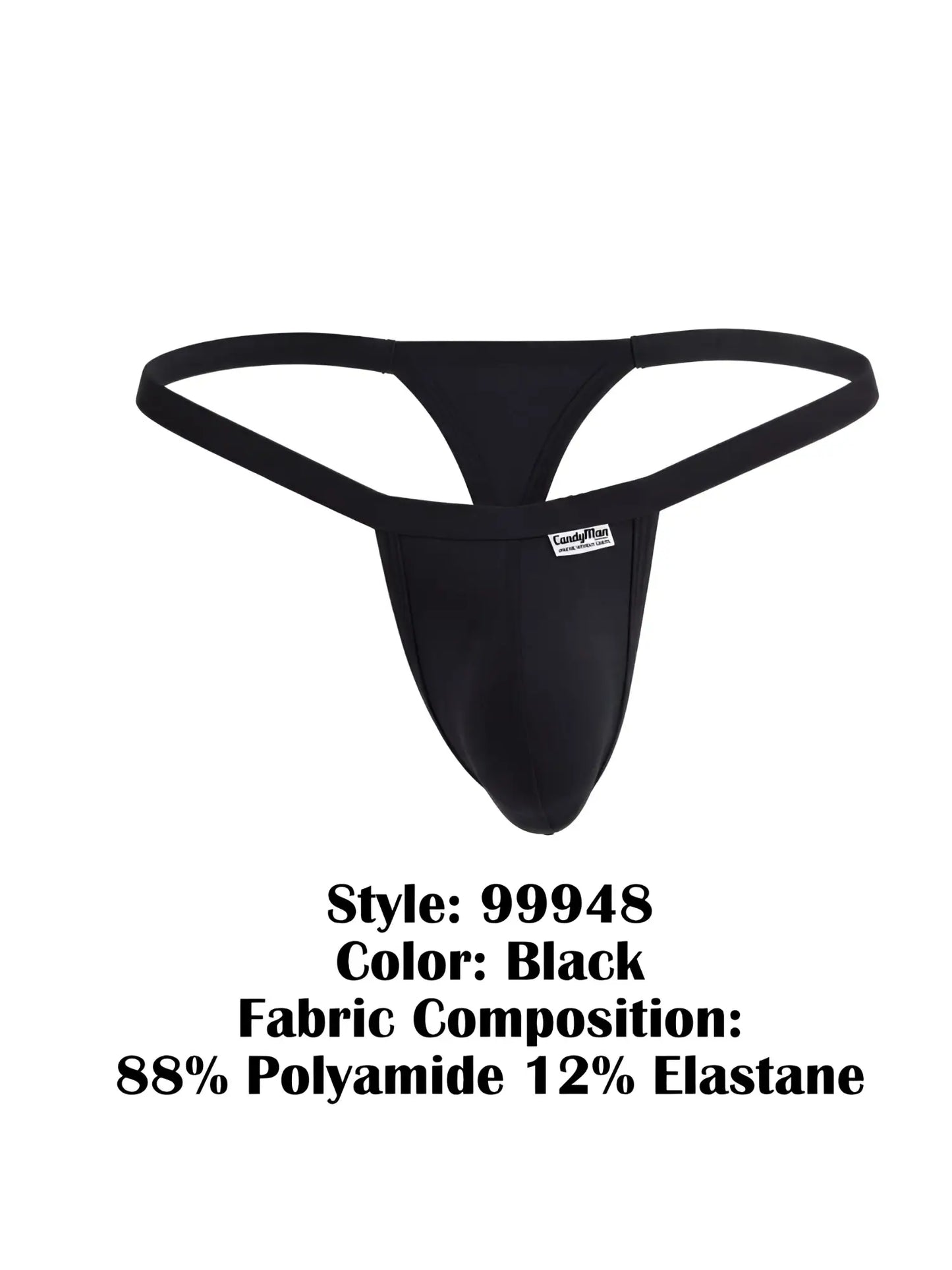 CandyMan 99948 black thong with minimal coverage, thin waistband, and a small logo tag on the front.