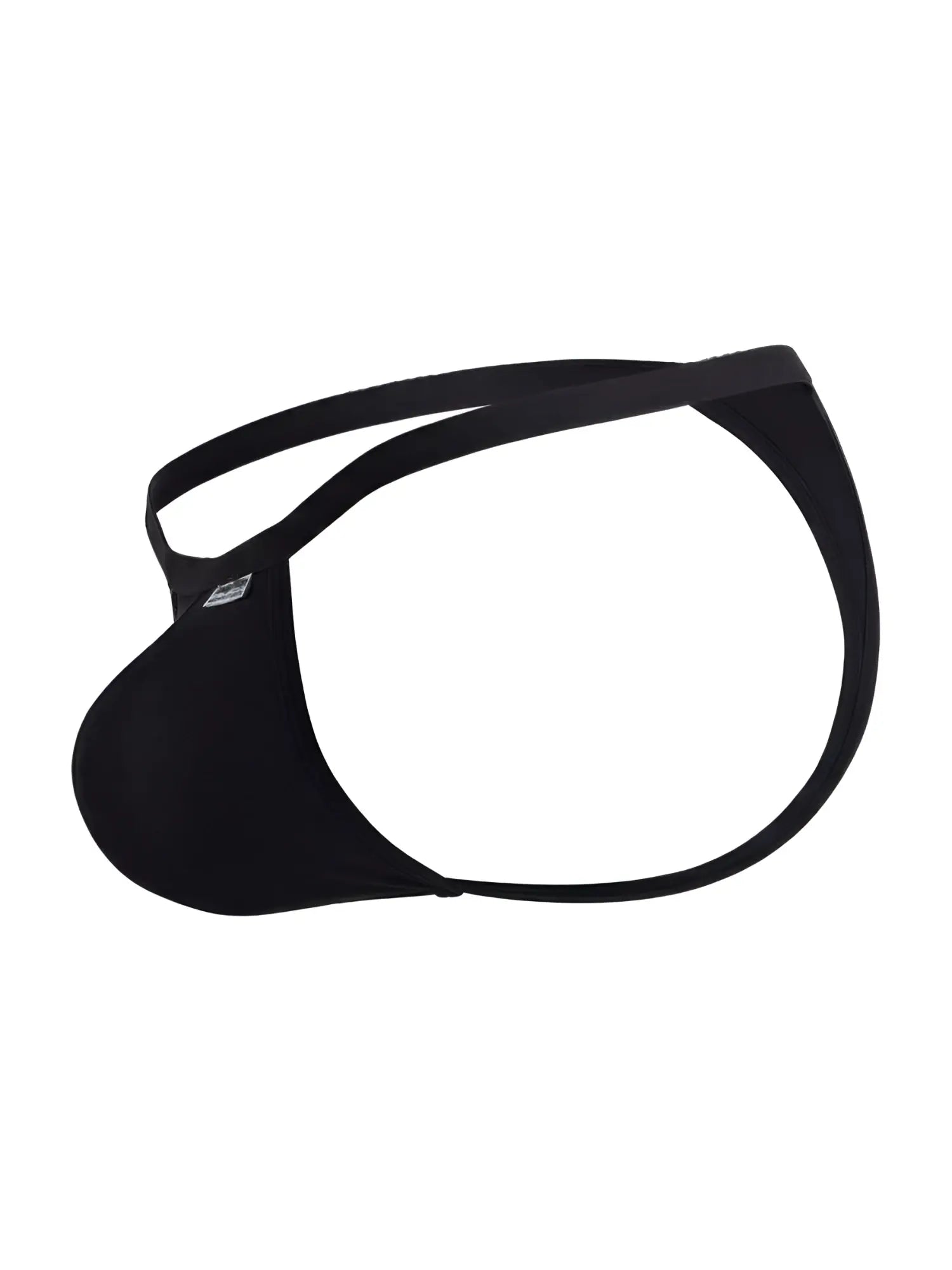 CandyMan 99948 black thong with a contoured pouch, minimal coverage, and thin elastic side straps.