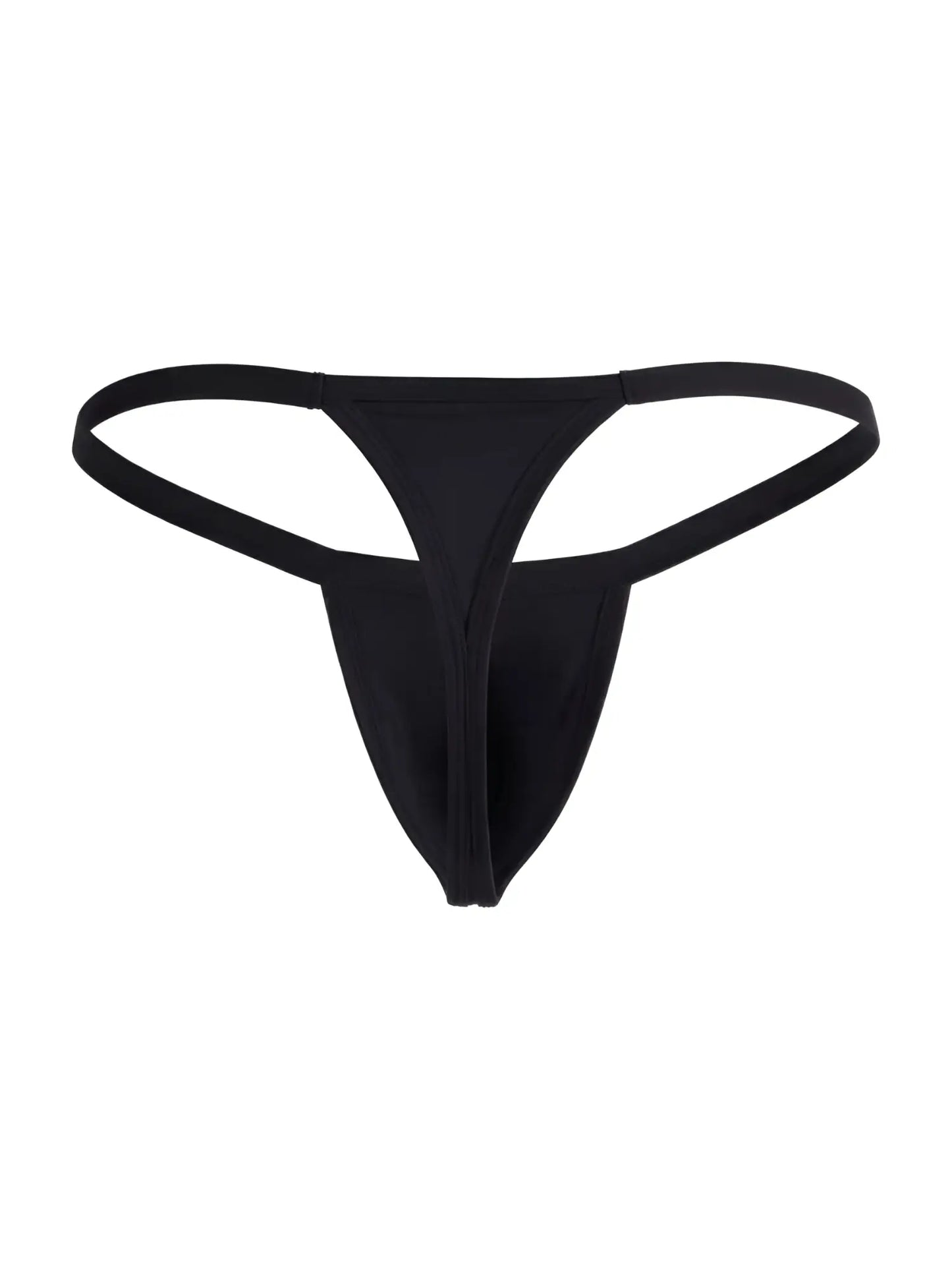 Black CandyMan thong with a minimalist g-string cut and thin, flexible side straps.