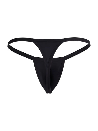 Black CandyMan thong with a minimalist g-string cut and thin, flexible side straps.