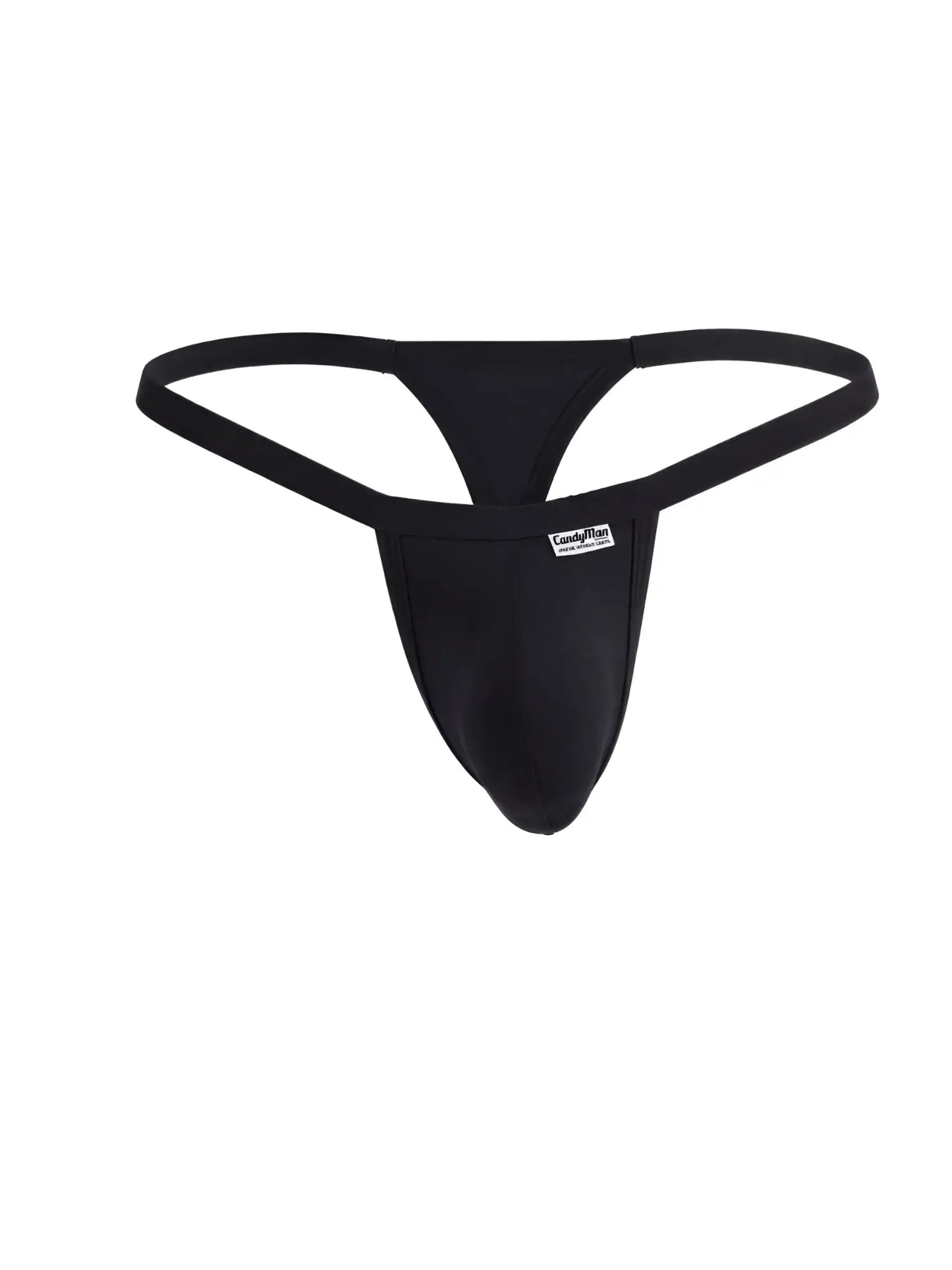 Black CandyMan thong with a minimalist thin waistband and contoured pouch, featuring a small branded logo tag.