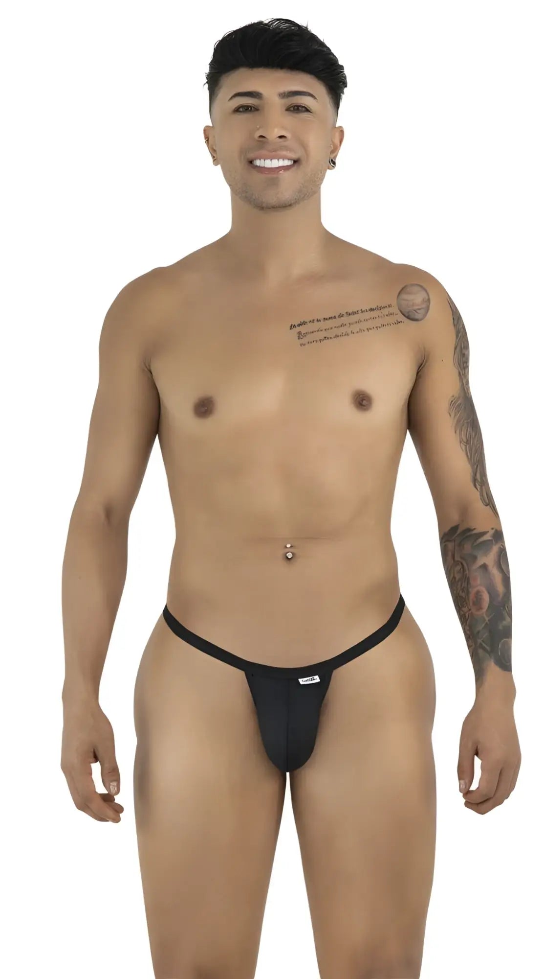 CandyMan 99948 black thong with thin waistband and minimalist pouch design on a male model.