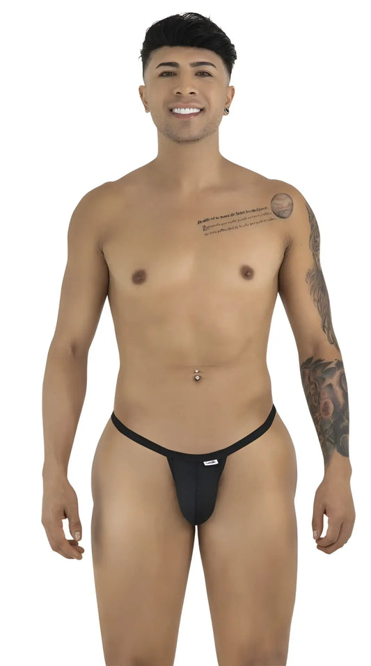 CandyMan 99948 black thong with thin waistband and minimalist pouch design on a male model.