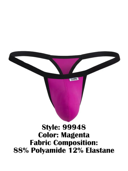 CandyMan 99948 magenta thong with a contoured pouch, featuring black elastic trim and a branded waistband tag.