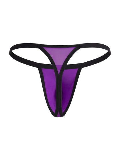 CandyMan orchid thong with sheer mesh front panel and black elastic trim.
