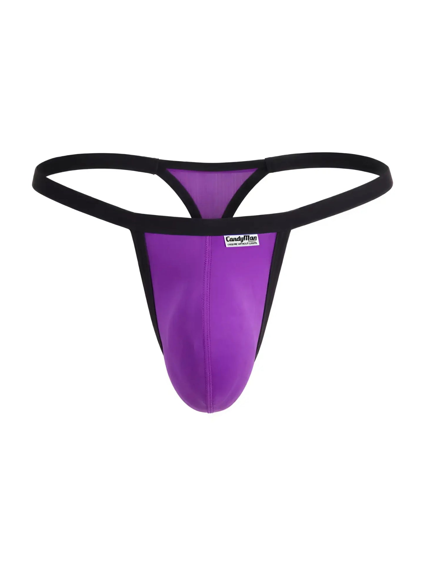 CandyMan 99948 orchid purple thong with a contour pouch and black elastic trim.