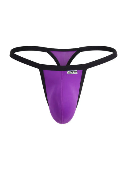 CandyMan 99948 orchid purple thong with a contour pouch and black elastic trim.