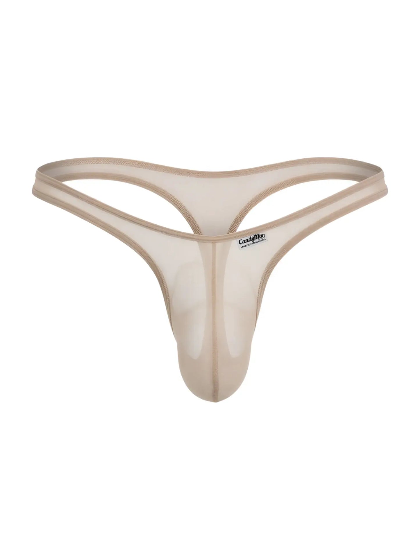 CandyMan beige mesh thong with a contoured pouch, thin elastic waistband, and minimal coverage design.
