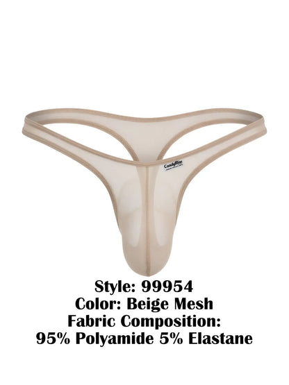 CandyMan 99954 beige mesh thong with a contoured pouch, minimalist elastic waistband, and a small brand tag.
