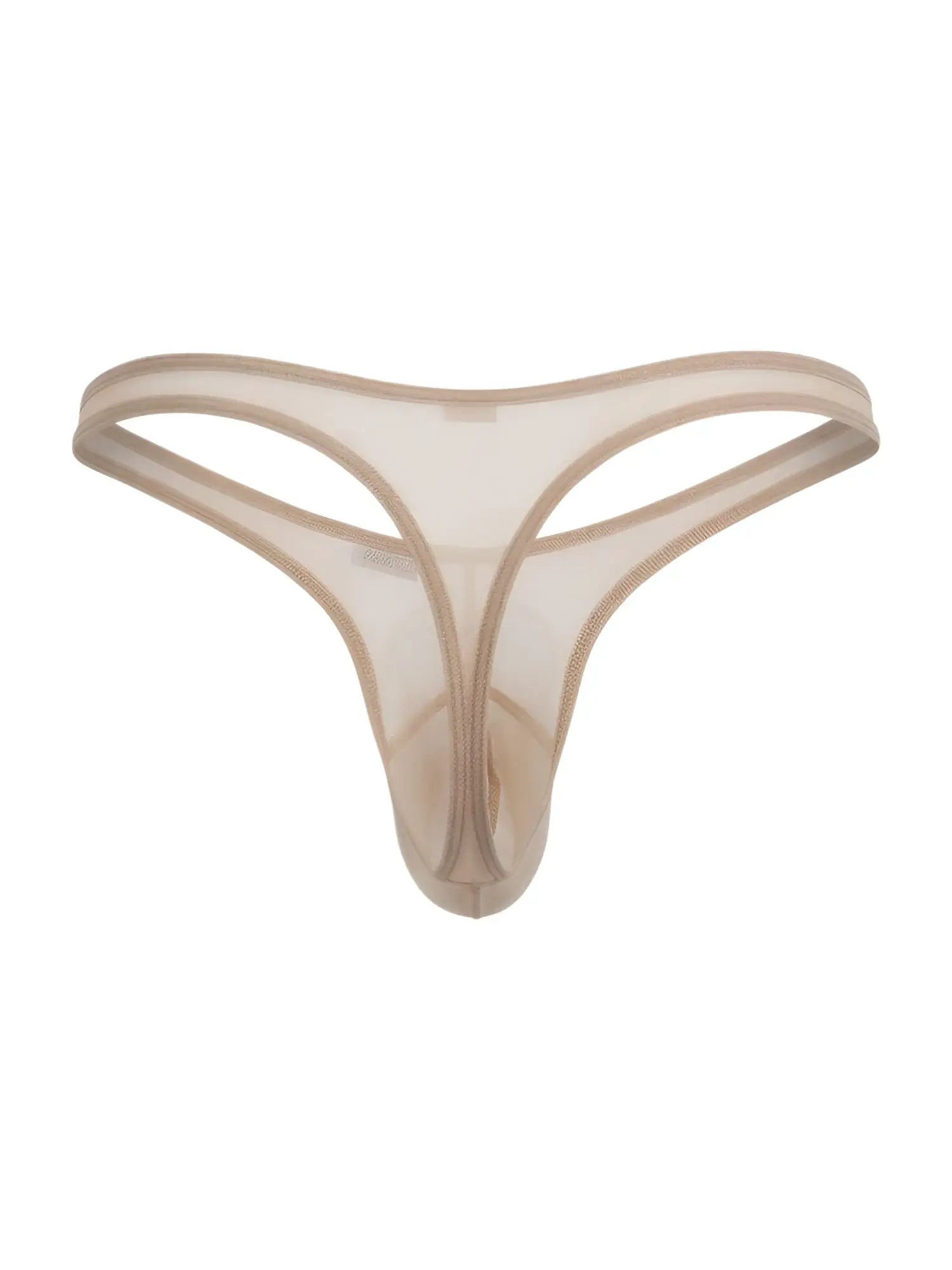 CandyMan beige sheer mesh thong with a contoured pouch and minimalist design.