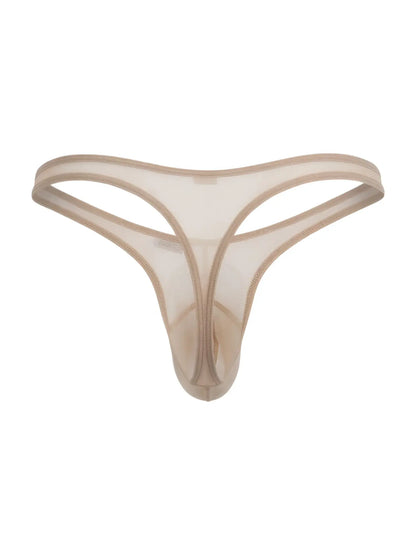CandyMan beige sheer mesh thong with a contoured pouch and minimalist design.