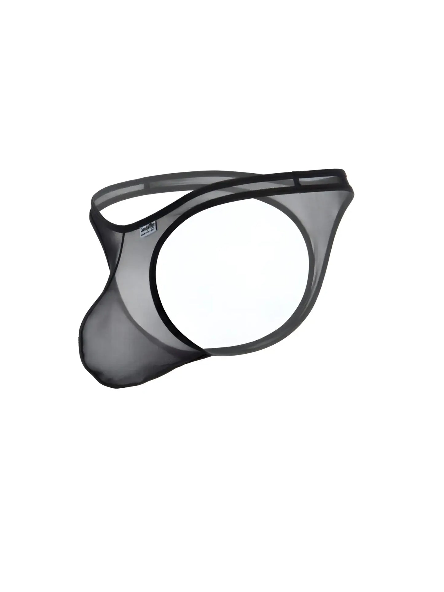 Black CandyMan sheer mesh thong with an open circular design, thin waistband, and a contoured pouch.