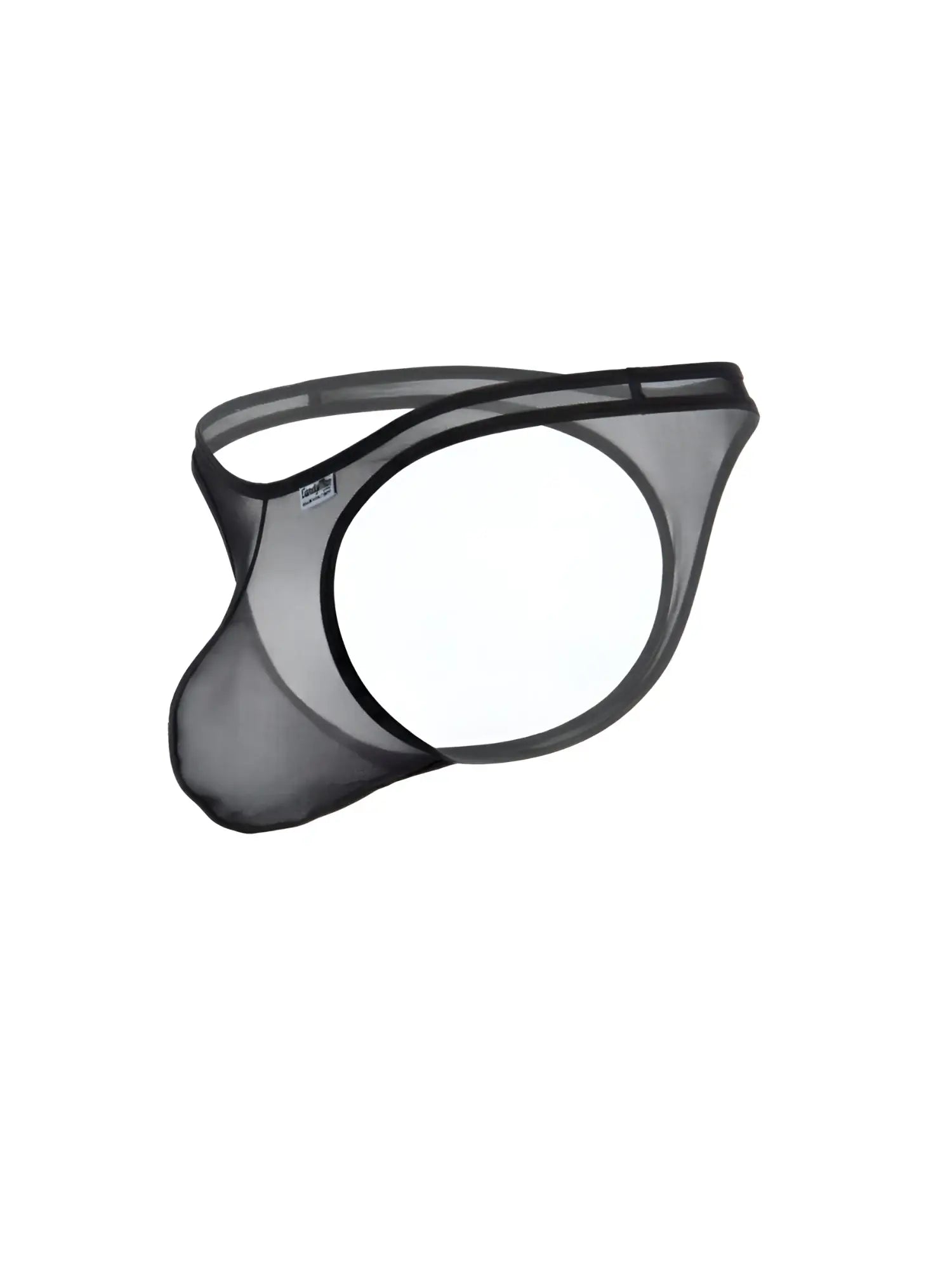 Black CandyMan sheer mesh thong with an open circular design, thin waistband, and a contoured pouch.