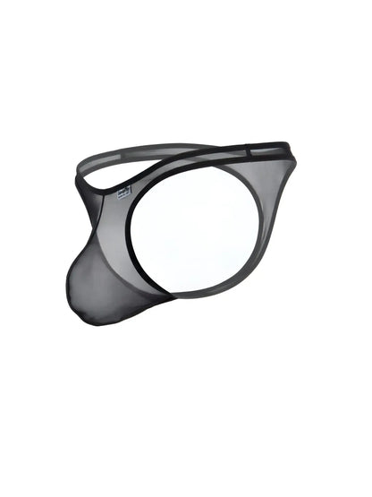 Black CandyMan sheer mesh thong with an open circular design, thin waistband, and a contoured pouch.