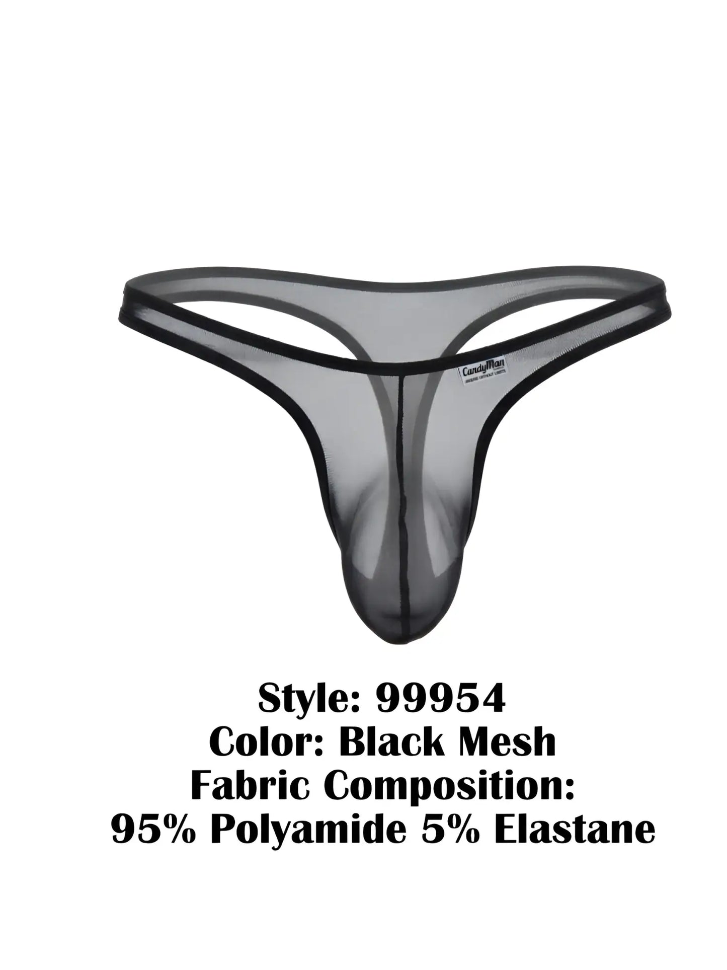 CandyMan 99954 black sheer mesh thong with a contoured pouch and minimalist elastic waistband.