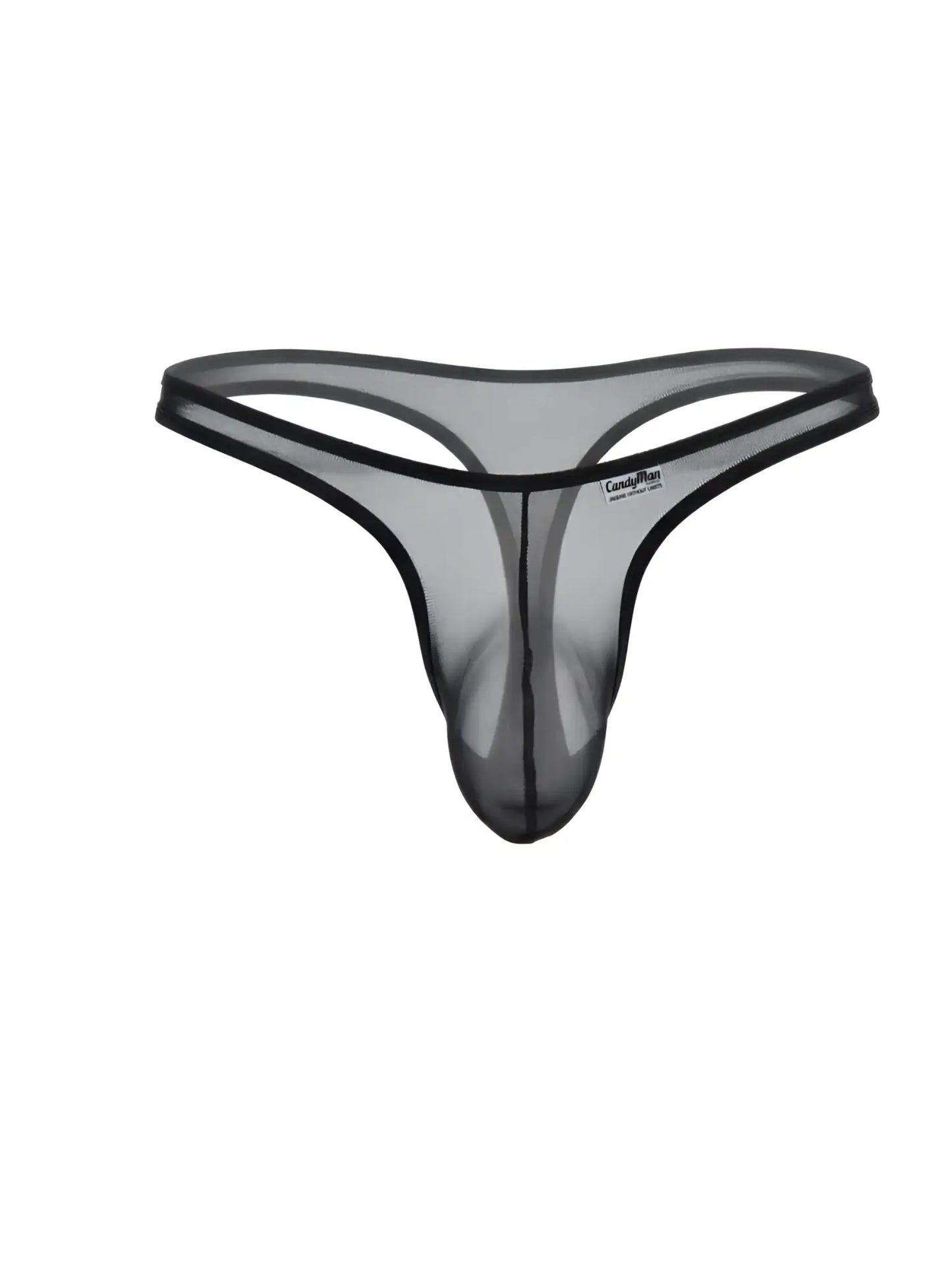 CandyMan black sheer mesh thong with a contoured front pouch and minimal elastic waistband.