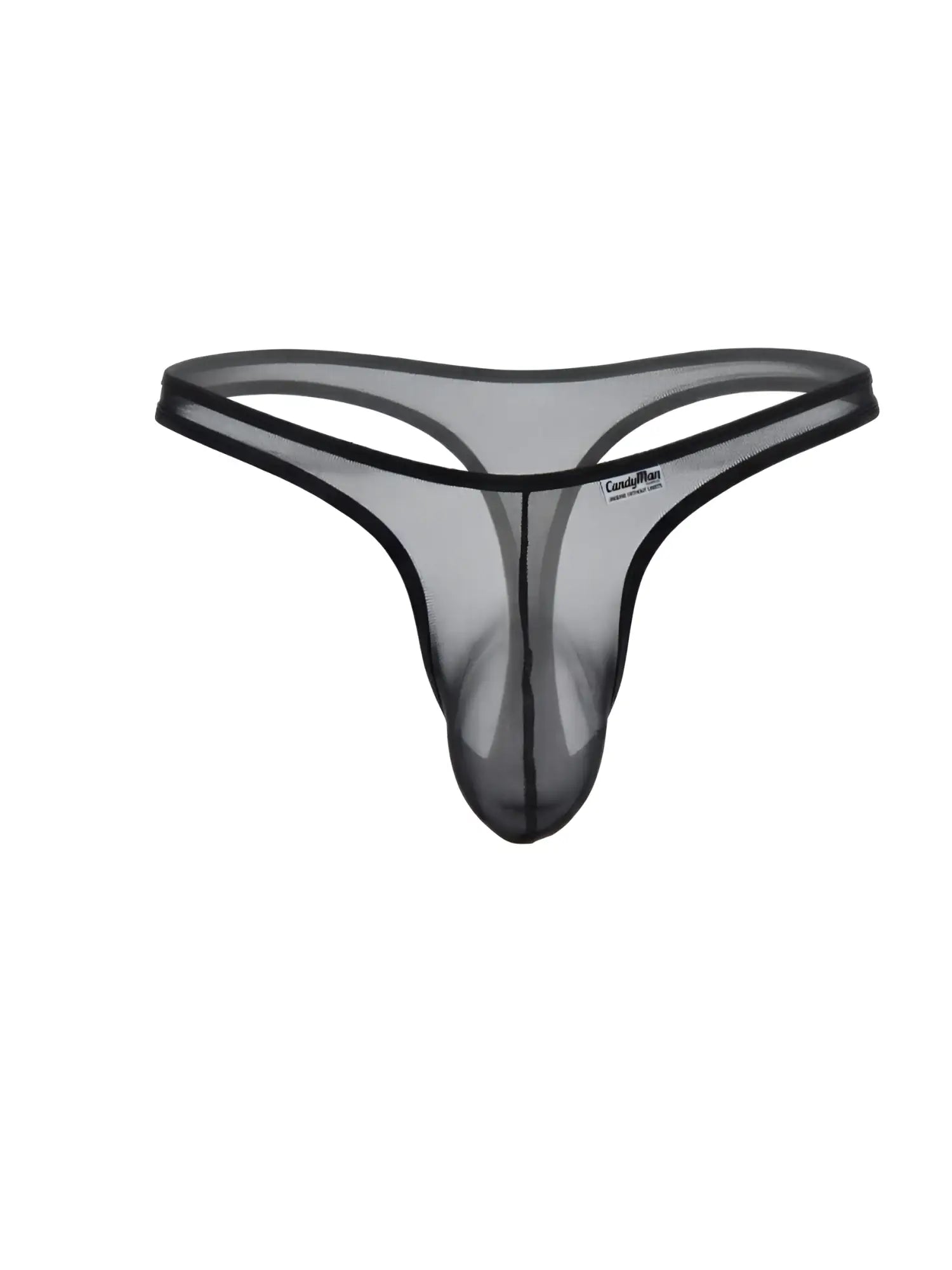 CandyMan black sheer mesh thong with a contoured front pouch and minimal elastic waistband.
