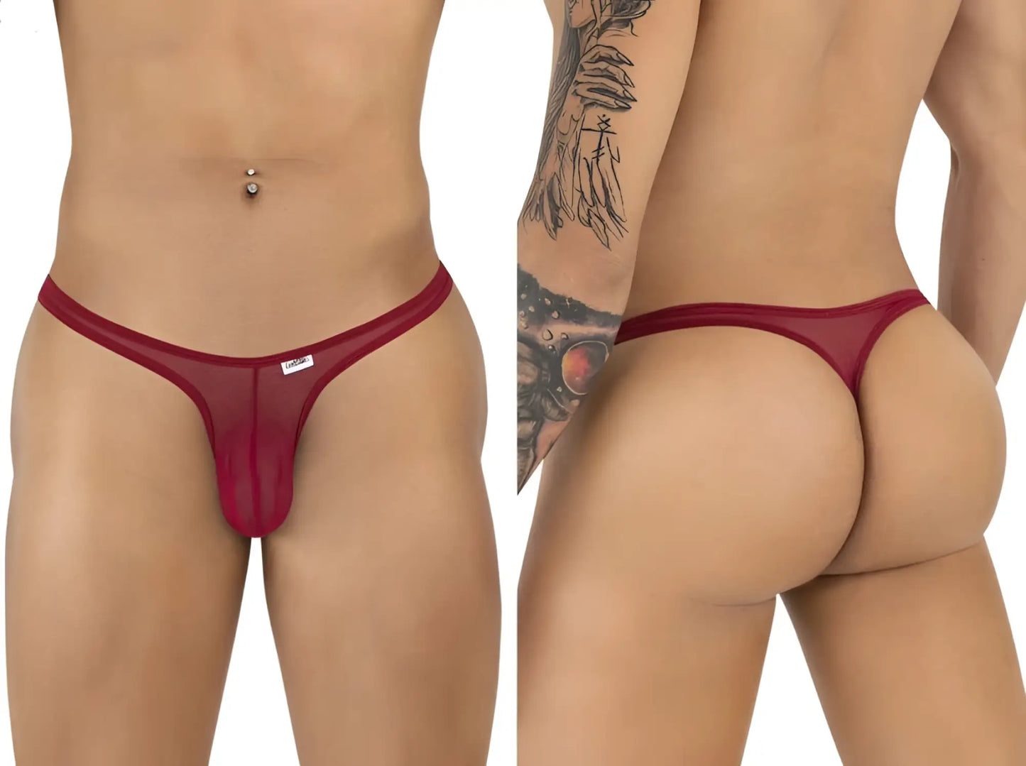 CandyMan 99954 burgundy mesh thong featuring a contoured pouch and minimalist design. Shown from front and back views.