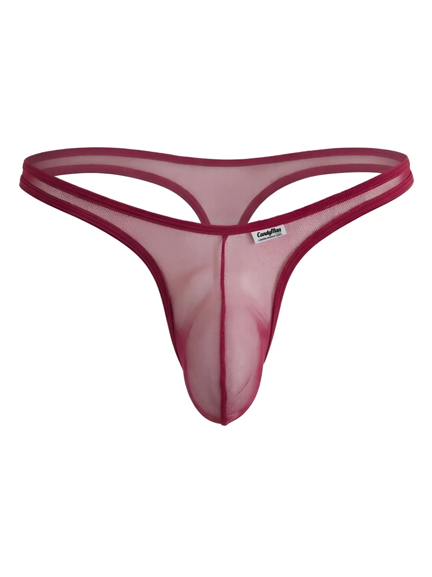 Burgundy CandyMan sheer mesh thong with a contoured pouch and thin waistband, isolated on a white background.