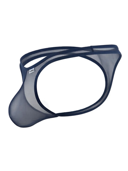 CandyMan navy blue mesh thong featuring a contoured pouch and double-strap waistband design.