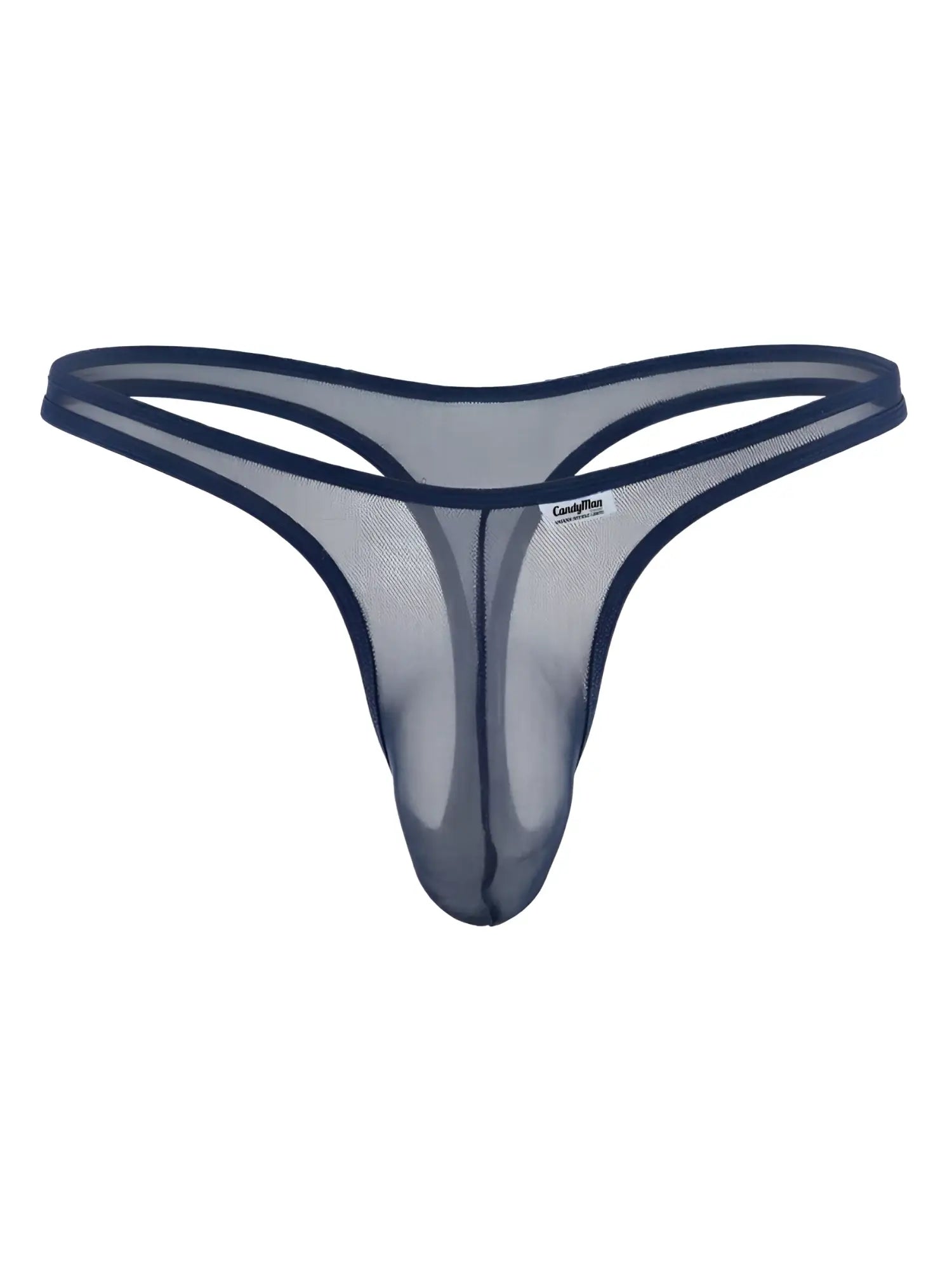 CandyMan navy blue mesh thong with a thin waistband and center-seam pouch.
