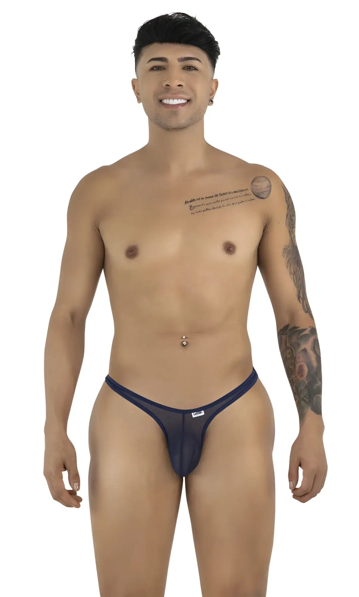 A man models CandyMan navy mesh thongs with a thin double-strap waistband and a minimalist pouch design.